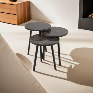 Wooden 3 Pcs Circular Tables Brown & White Marble Design Set