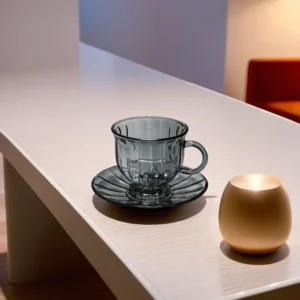 Glass 6Pcs Black Ribed Tea Cups Set with Dishes1