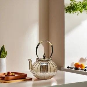 Glass Golden Patterned Tea Pot with Stainer1