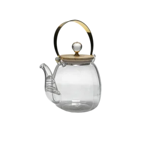 Glass Transparent Ribbed Tea Pot with Wooden Lid