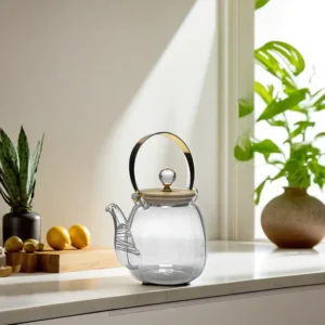 Glass Transparent Ribbed Tea Pot with Wooden Lid1