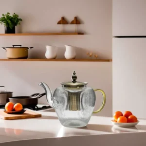 Glass Transparent Vertical Lines Pattern Tea Pot With Strainer1