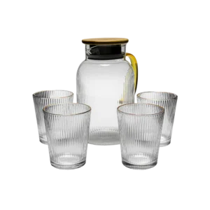 Glass Vertically Ribbed Jug with 4 Cups Set
