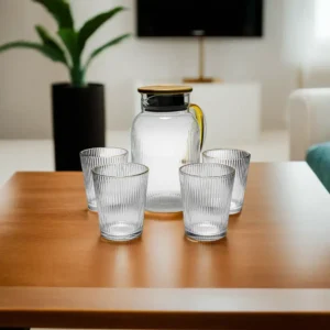 Glass Vertically Ribbed Jug with 4 Cups Set1