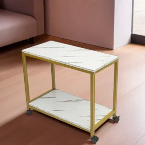 Wooden 34x60x57cm Two Tier Rectangular Table White & Grey Marble Design1