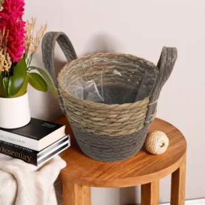 Straw 17x21cm Brown & Beige Basket with Handles1