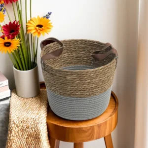 Straw 21x25cm Grey & Beige Basket with Handles1