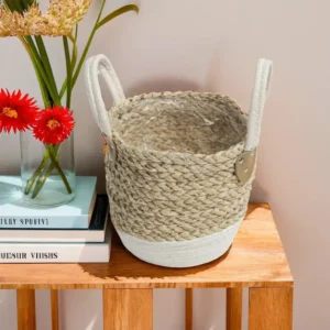 Straw 22x20cm White & Beige Basket with Handles1