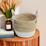 Straw 25x24cm White & Beige Basket With Handles1