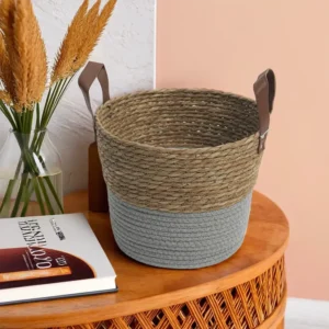 Straw 30x31cm Grey & Beige Basket With Handles1