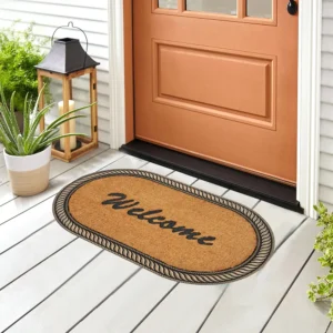 Welcome 75x45cm Oval Beige with Black Frame Straw Doormat1