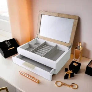 Wooden 26x18x8cm White 4 Sections Accessories Organizer with Mirror1