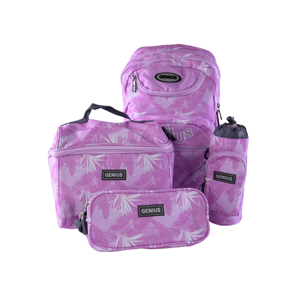 Genius 4pcs Feather Design Pink 5 Zippers Backpack Set