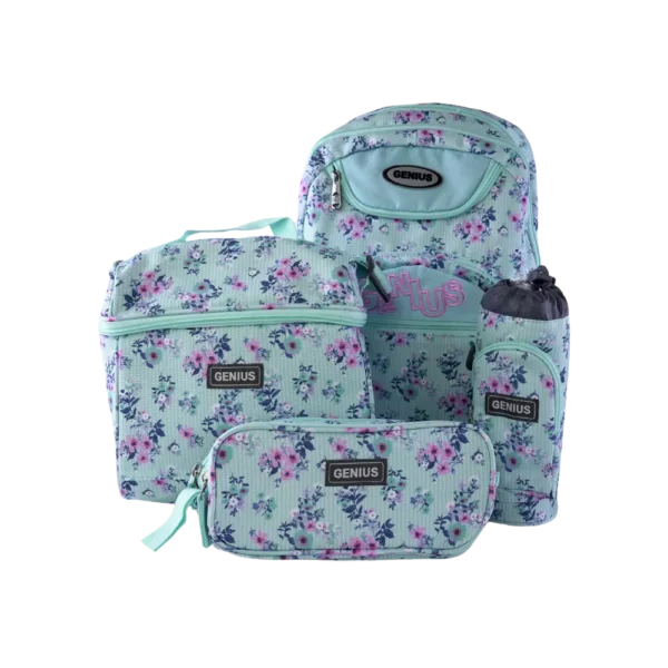 Genius 4pcs Flora Design Aqua 5 Zippers Backpack Set