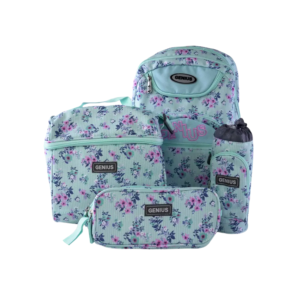 Genius 4pcs Flora Design Aqua 5 Zippers Backpack Set