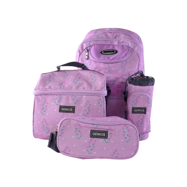 Genius 4pcs Floral Design Pink 5 Zippers Backpack Set