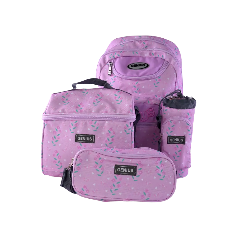 Genius 4pcs Floral Design Pink 5 Zippers Backpack Set