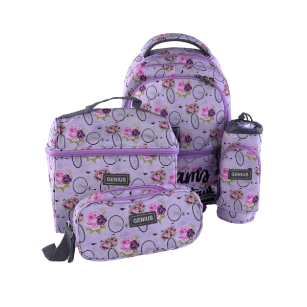 Genius 4pcs Floral Design Purple 5 Zippers Backpack Set