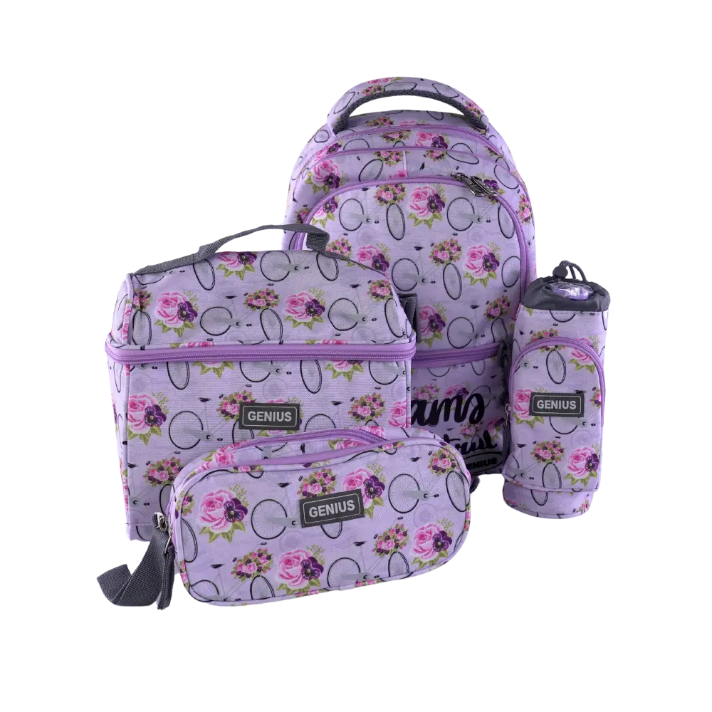 Genius 4pcs Floral Design Purple 5 Zippers Backpack Set