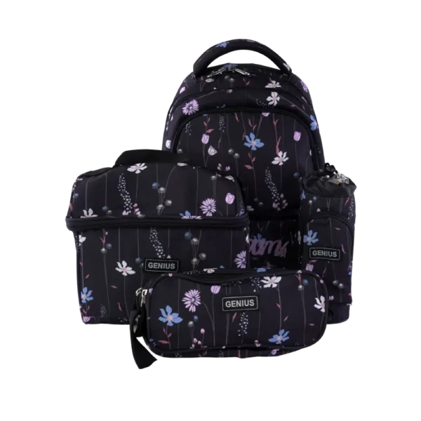 Genius 4pcs Flowers Design Black 5 Zippers Backpack Set