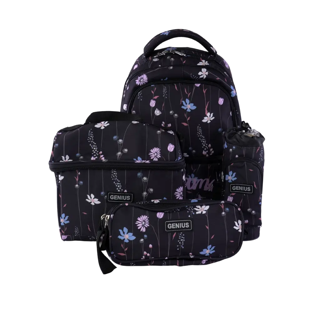 Genius 4pcs Flowers Design Black 5 Zippers Backpack Set