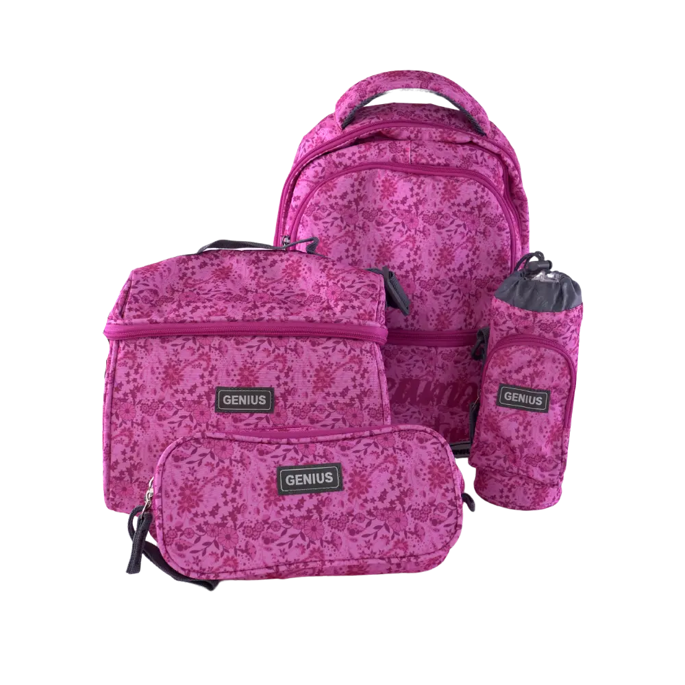 Genius 4pcs Flowers Design Magenta 5 Zippers Backpack Set