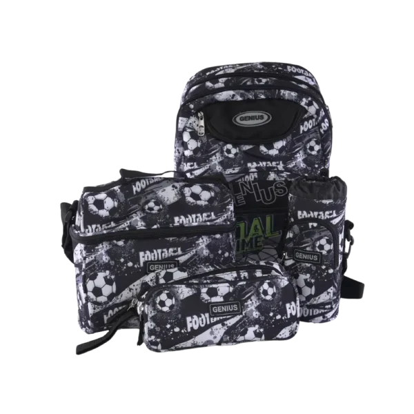 Genius 4pcs Football Design Black & White 5 Zippers Backpack Set