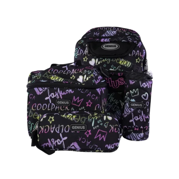 Genius 4pcs Graffiti Design Black 5 Zippers Backpack Set