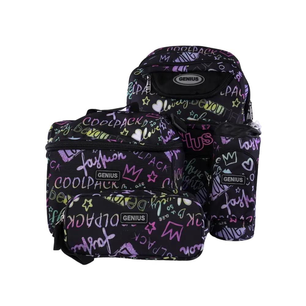 Genius 4pcs Graffiti Design Black 5 Zippers Backpack Set