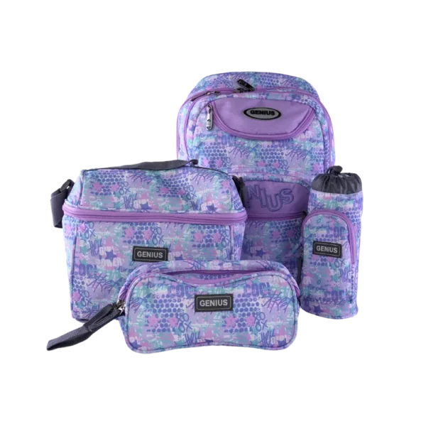 Genius 4pcs Graffiti Pattern Design Light Purple 5 Zippers Backpack Set