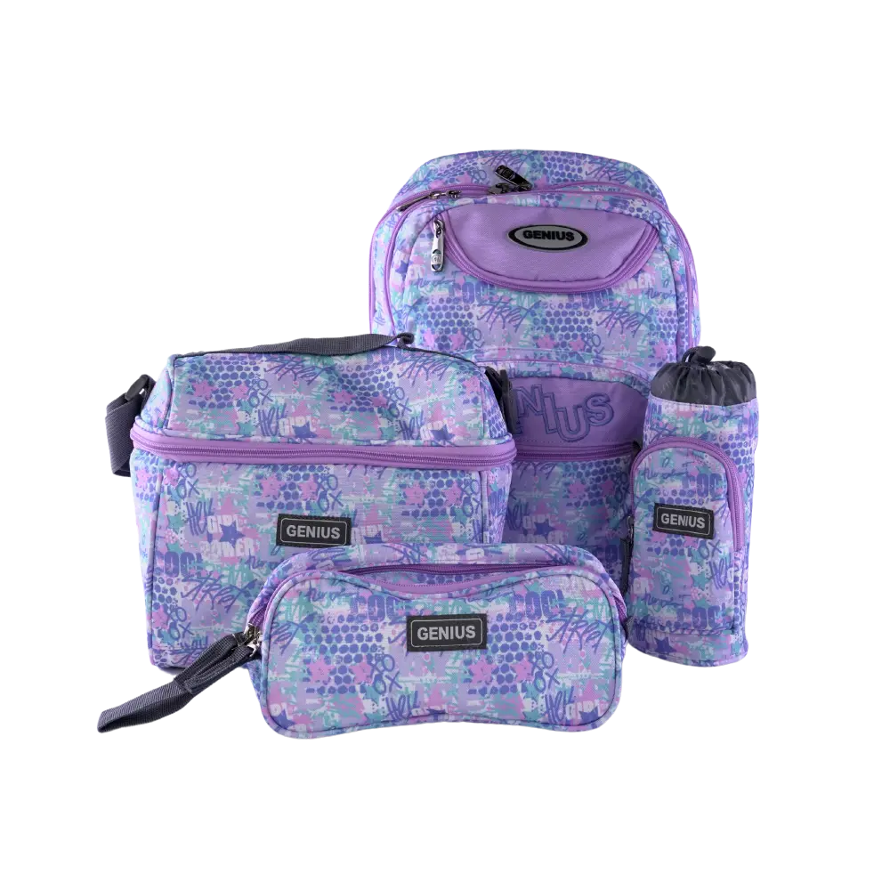 Genius 4pcs Graffiti Pattern Design Light Purple 5 Zippers Backpack Set