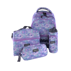 Genius 4pcs Graffiti Style Design Light Purple 5 Zippers Backpack Set