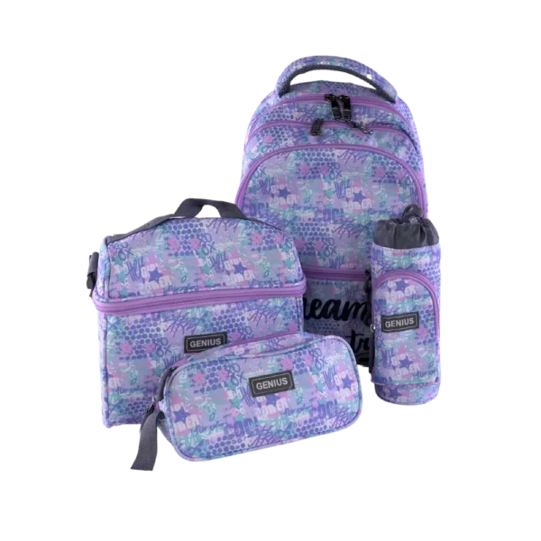 Genius 4pcs Graffiti Style Design Light Purple 5 Zippers Backpack Set