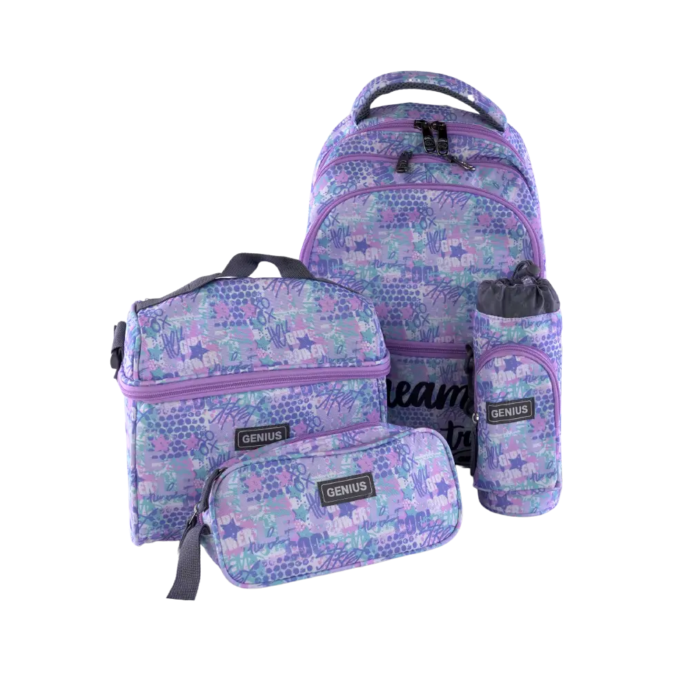 Genius 4pcs Graffiti Style Design Light Purple 5 Zippers Backpack Set