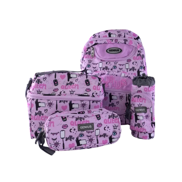 Genius 4pcs Graffiti Style Design Pink 5 Zippers Backpack Set