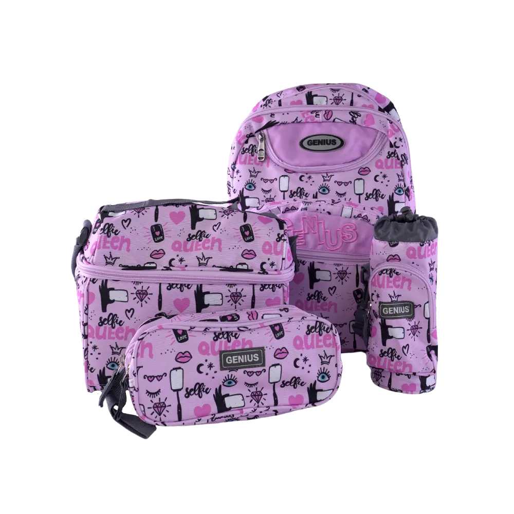 Genius 4pcs Graffiti Style Design Pink 5 Zippers Backpack Set