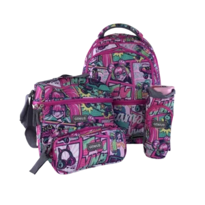 Genius 4pcs Pop Art Design Magenta 5 Zippers Backpack Set