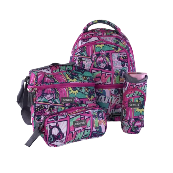 Genius 4pcs Pop Art Design Magenta 5 Zippers Backpack Set