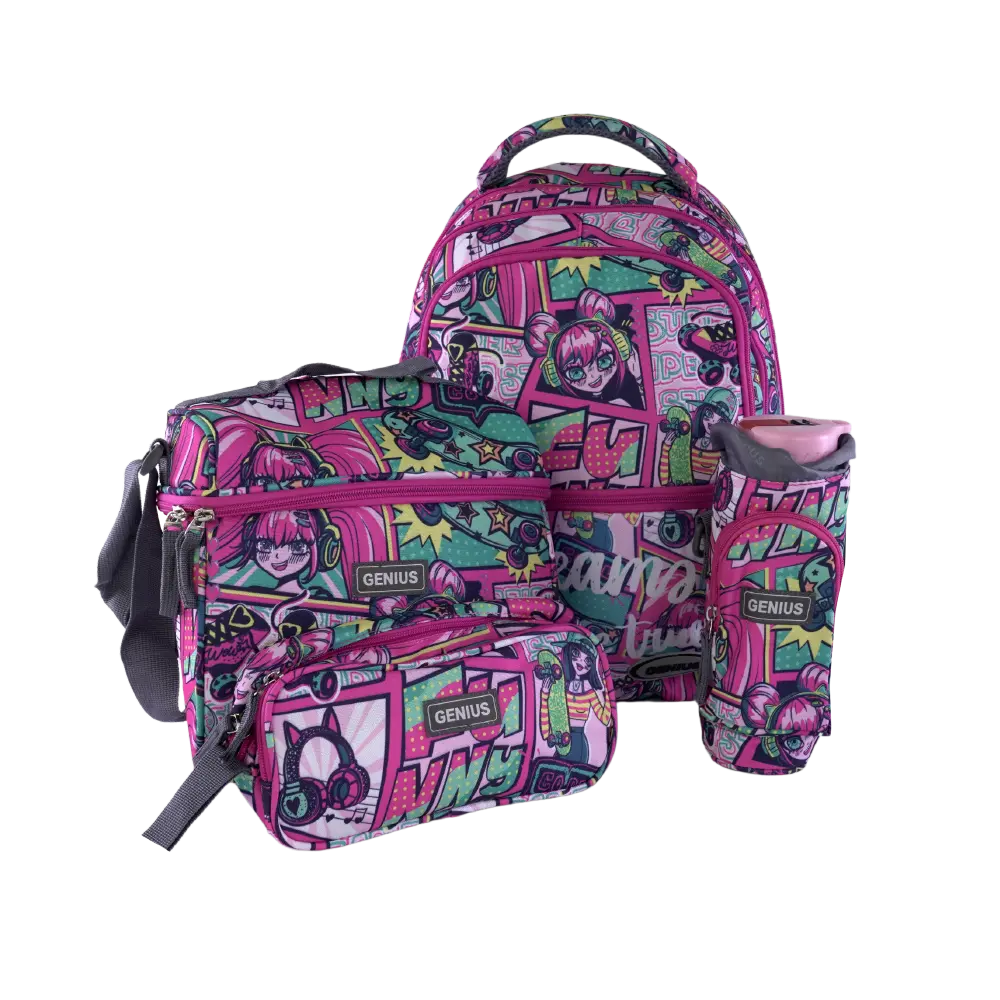 Genius 4pcs Pop Art Design Magenta 5 Zippers Backpack Set