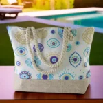 Golden & blue eye white & beige summer bag with handles1