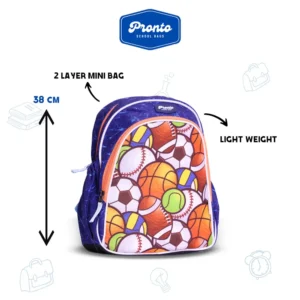 Pronto 38cm Balls Design Navy Blue 2 Zippers Backpack1