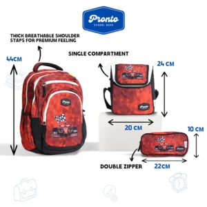 Pronto 44cm Car Race Design Red 4 Zippers Backpack Set1