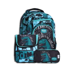 Pronto 44cm Dinosaur Design Turquoise & Black 4 Zippers Backpack Set