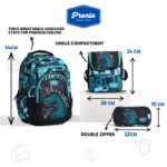 Pronto 44cm Dinosaur Design Turquoise & Black 4 Zippers Backpack Set1