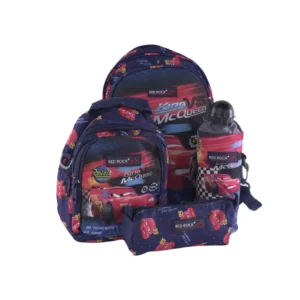 Red Rock 4pcs Cars Design Navy Blue 2 Zippers Backpack Set