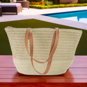 Straw Beige Squared Summer Bag with Leather Handles1