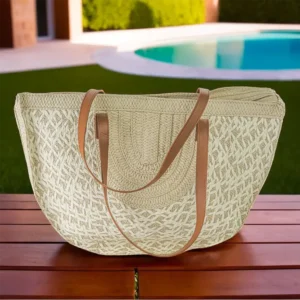 Straw Beige Summer Bag with Leather Handles1