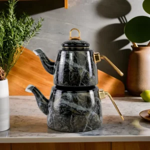 Double Marble Design Black & Gold Tea Pot1