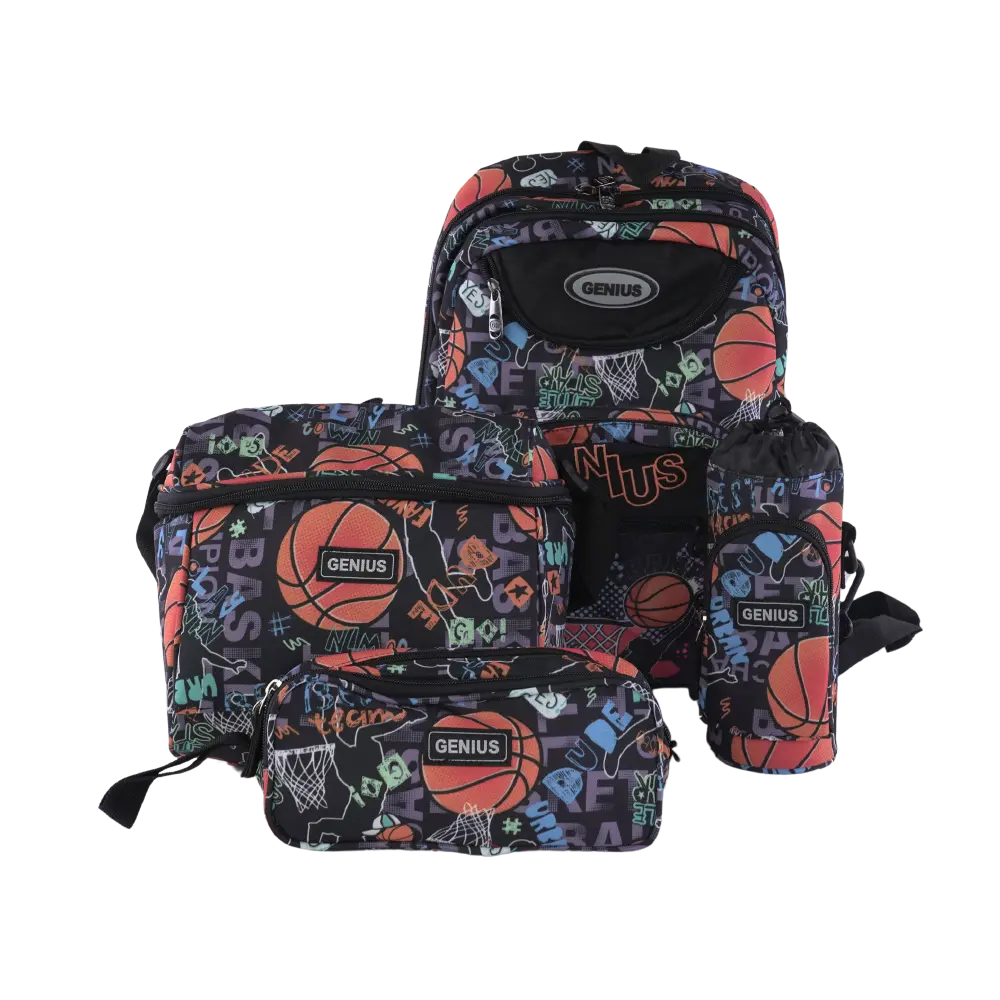 Genius 46cm Basketball Design Black 5 Zippers Backpack Set