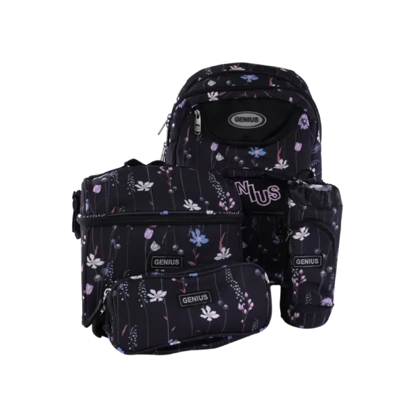 Genius 46cm Floral Design Black 5 Zippers Backpack Set